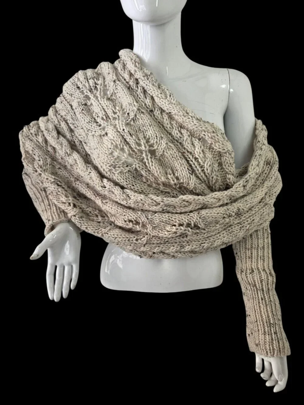 Hand Knit Wool Blend Tweed Wrap Shawl Scarf Shrug Chunky Flecked Boho Artisan OS